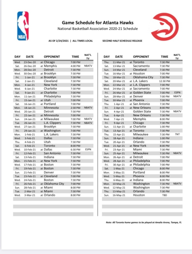 Atlanta Hawks Secondhalf Schedule Released for 202021 season Hawksbeat